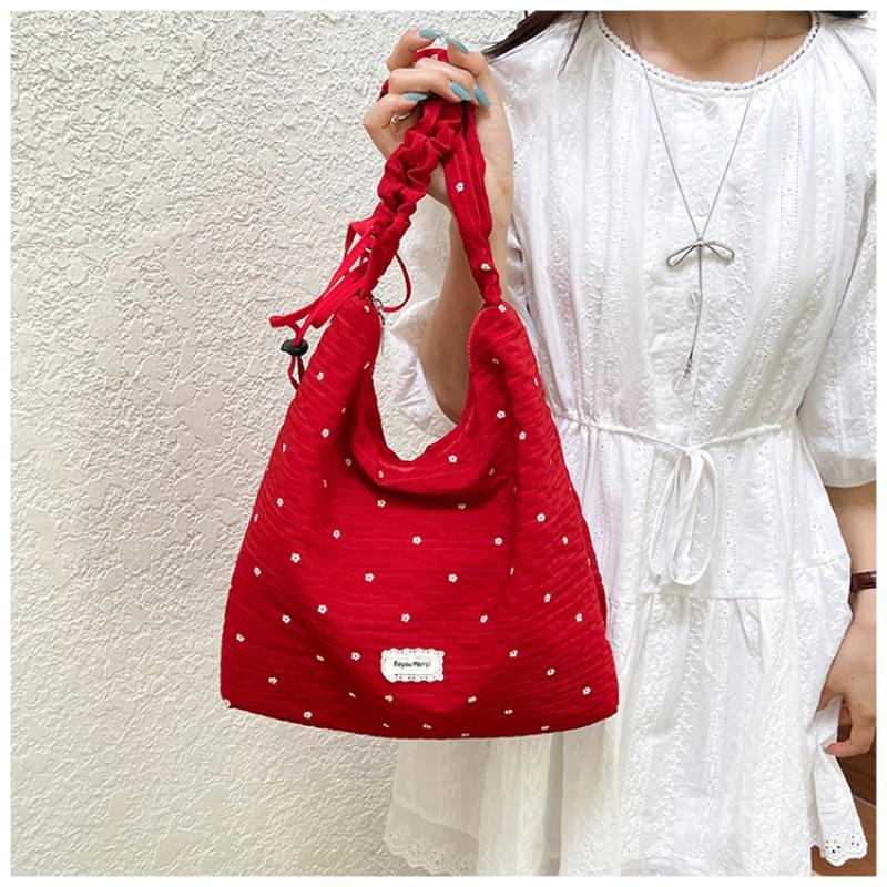 Red Floral Canvas Shoulder Bag Adjustable Ruffled Strap Large Capacity For Commute Shopping Travel