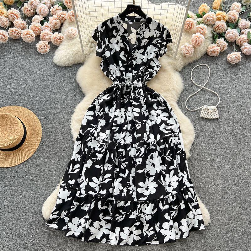 French Sweet Gentle V-neck Floral Chiffon Dress Women's Summer Tight Waist Elegant Slim Looking Vacation Style Fairy Dress