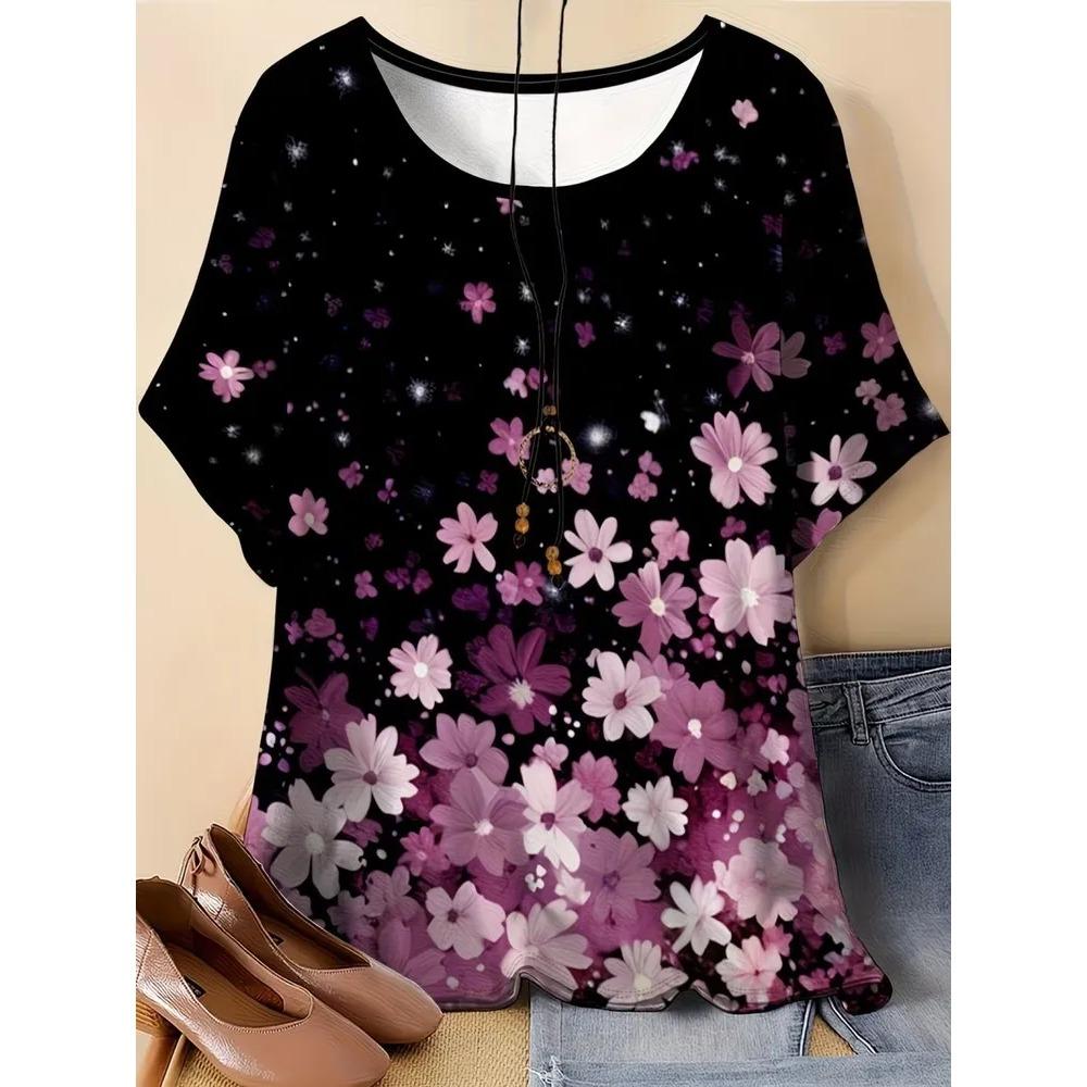 Sommer Damen 3D-Druck Rundhals T-Shirt Mode Vielseitig Atmungsaktiv Trend Lässig