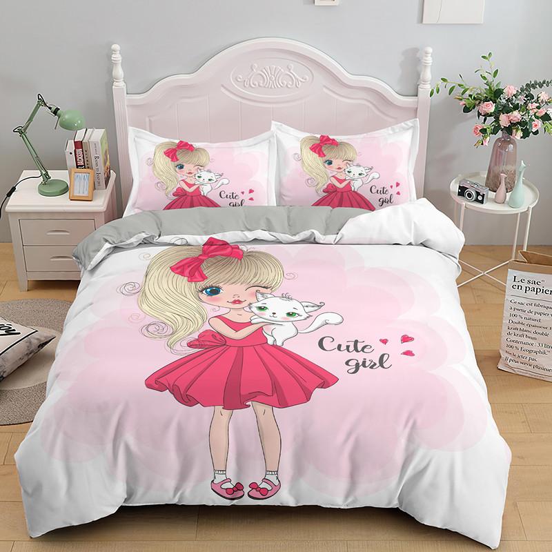 Cartoon Lovely Girls King Queen Duvet Cover Cute Little Girl Pattern Bedding Set Kids Pink Pretty 2/3pcs Polyester Quilt Cover