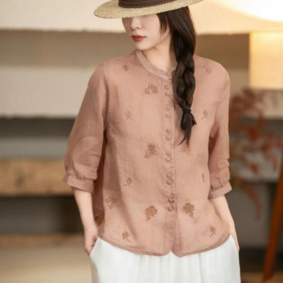 Women Shirt Round Neck 46085 Sleeve Buttons Placket Shirt Tops Pure Color Floral Embroidery
