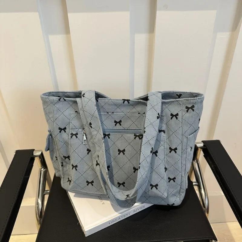 

Bow Pattern Commuting Shoulder Bag Corduroy Handbag Large Capacity Women Tote Bag Multi-pockets Eco-friendly Shopping Bags