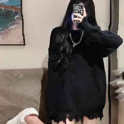 Women's Spring and Autumn Design Hole Breaking Sweater Black Slouchy Style Pullover Knit Sweater