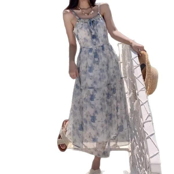Coffee Break French Super Beautiful Floral Suspender Dress Women's Summer New Seaside Vacation Style Beautiful Long Dress