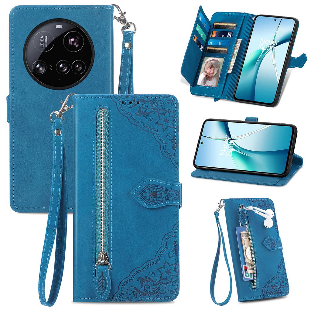 For Xiaomi 15 Ultra Zipper Wallet Case with Strap Flower Imprint PU Leather Phone Cover