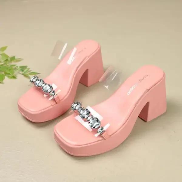 Transparent Slippers Female Shoes Platform Square heel Slides Jelly Flip Flops Women Heels 2025 Block Glitter High Crystal