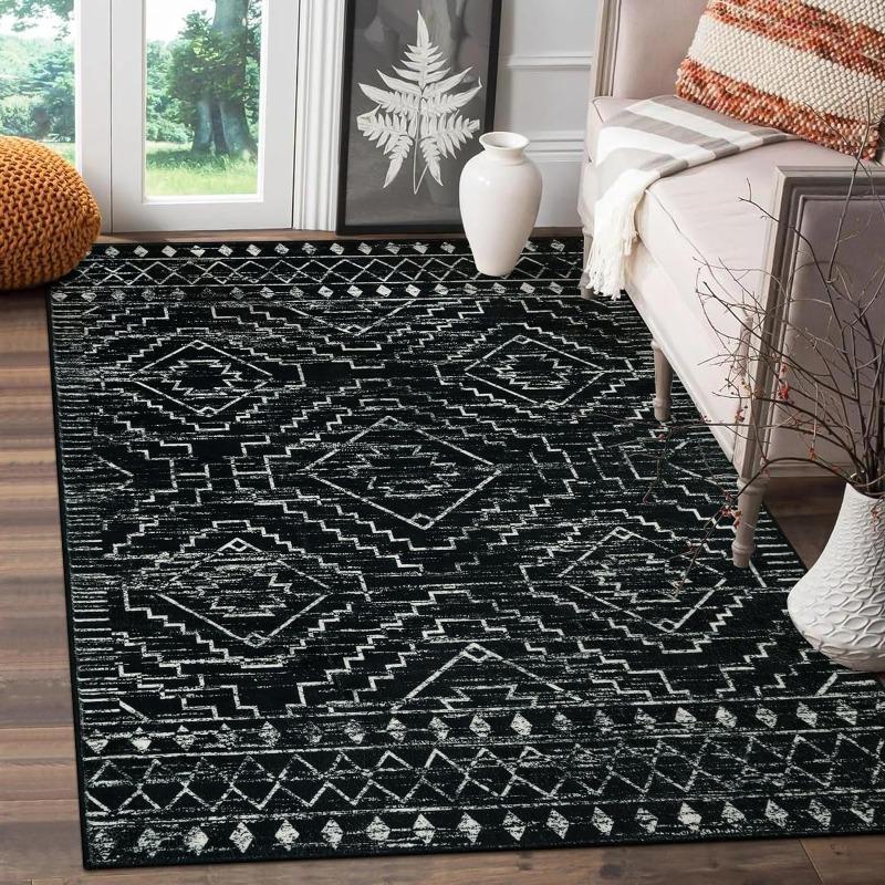Moroccan Style Carpet for Living Room Retro Washable Farmhouse Bedroom Black Boho Non-Slip Floor Mat Soft Rug for Kitchen Entry