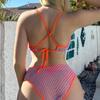 Damen Modischer Badeanzug mit hoher Taille und Netzstoff, femininer geteilter Bikini, Badeanzug mit Neckholder, Farbverlauf, Strandbikini
