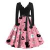 Women Casual V Neck Long Sleeve Dress Halloween Printed Skirt Vintage Style Midi Dress with Belt Fit and Flare Design