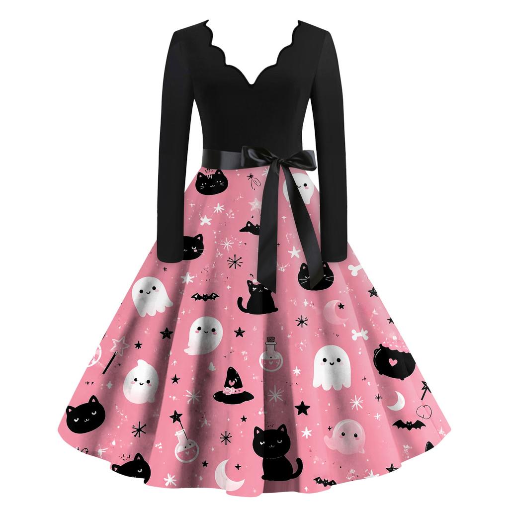 Women Casual V Neck Long Sleeve Dress Halloween Printed Skirt Vintage Style Midi Dress with Belt Fit and Flare Design