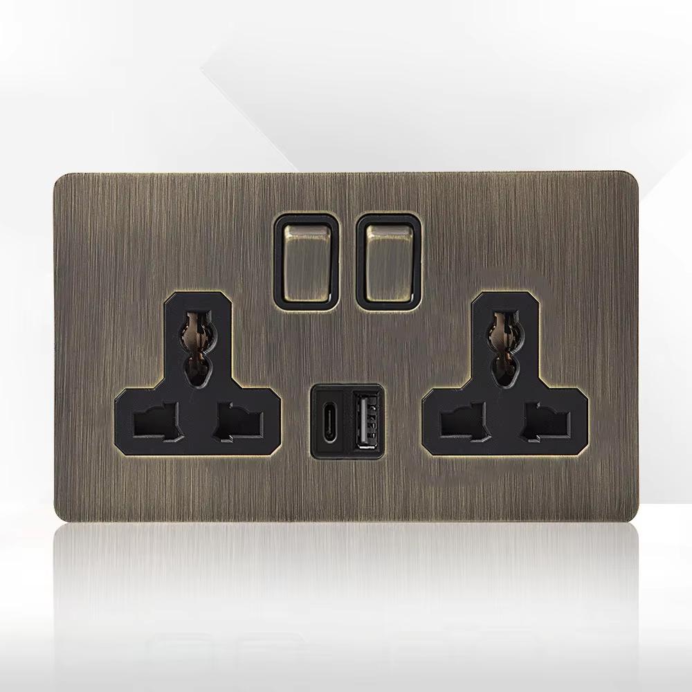 LangYeao Messinghebel UK Kippschalter Buster und Stanzlichtschalter Stil Edelstahlplatte Vintage Retro Wandschalter Steckdose