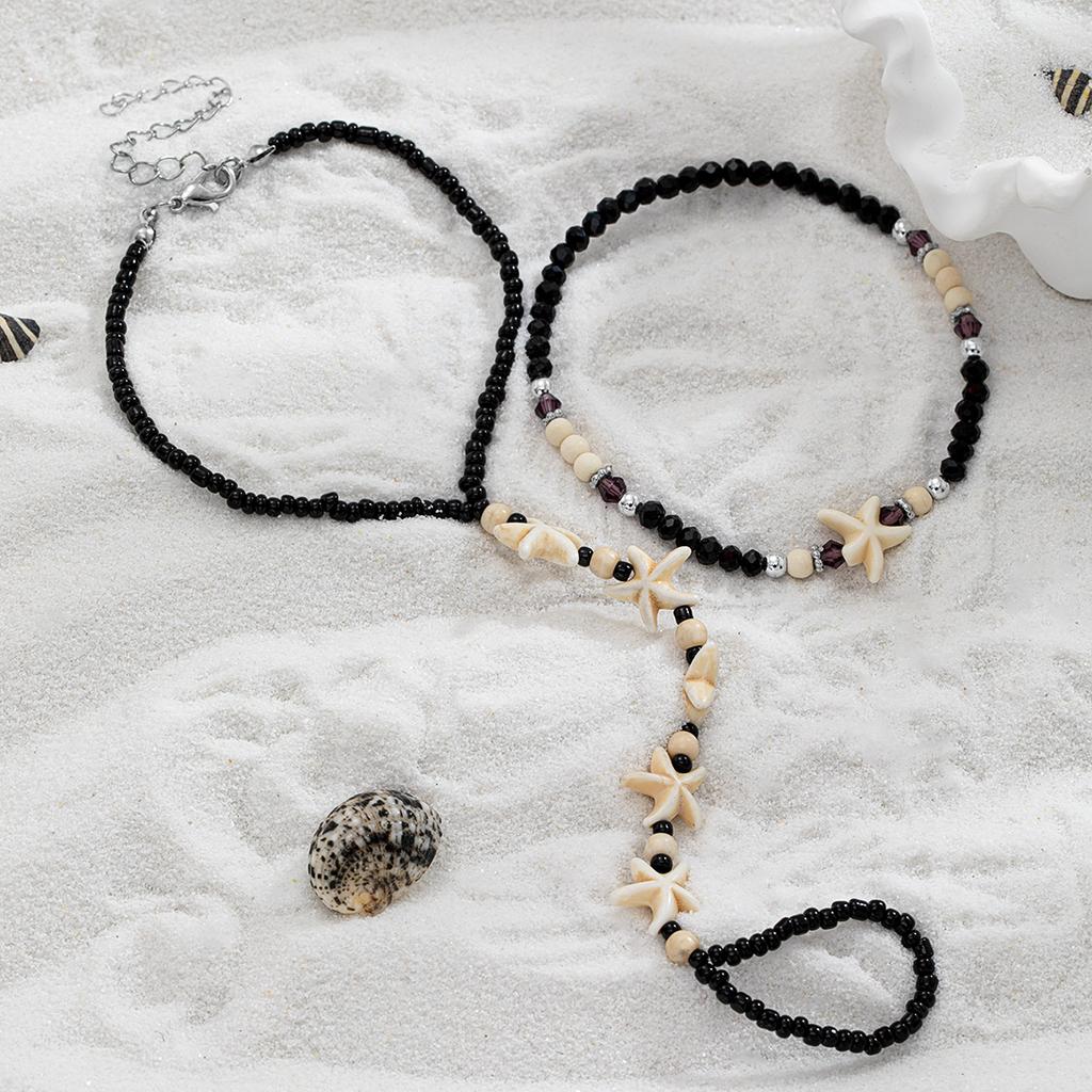 2 Bohemian style connected finger black rice bead starfish double-layer women's ankle chains
