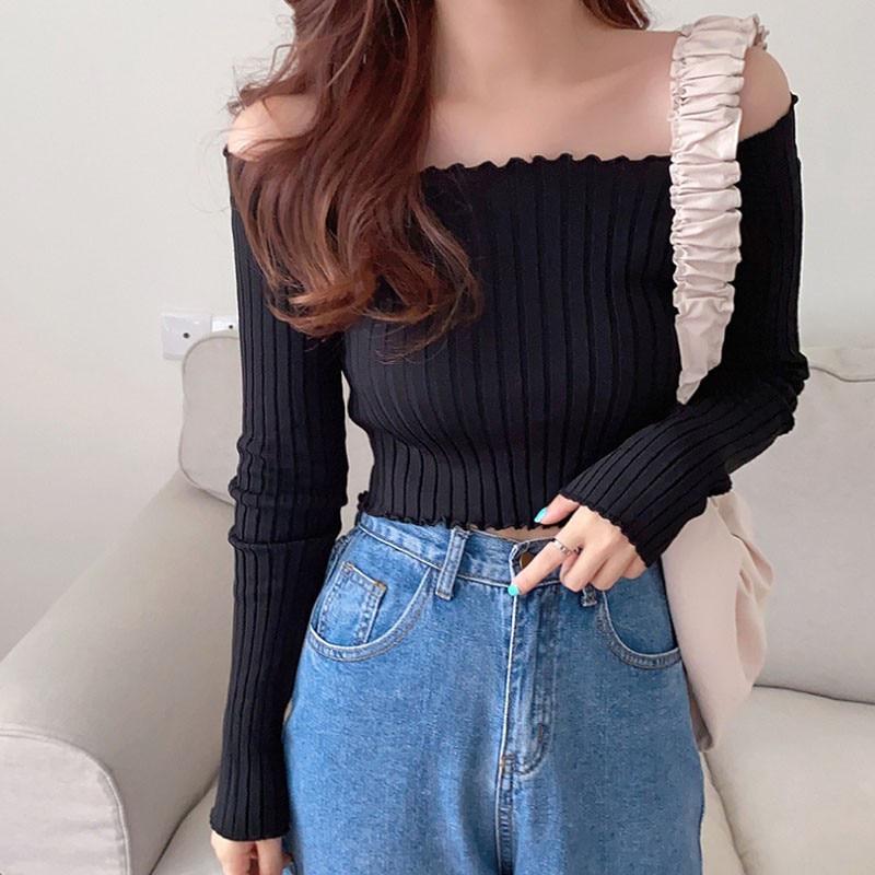 Women Full Sleeve Square Neck Sweater Knitted Basic Elasticity Pullovers Autumn Solid Jumpers