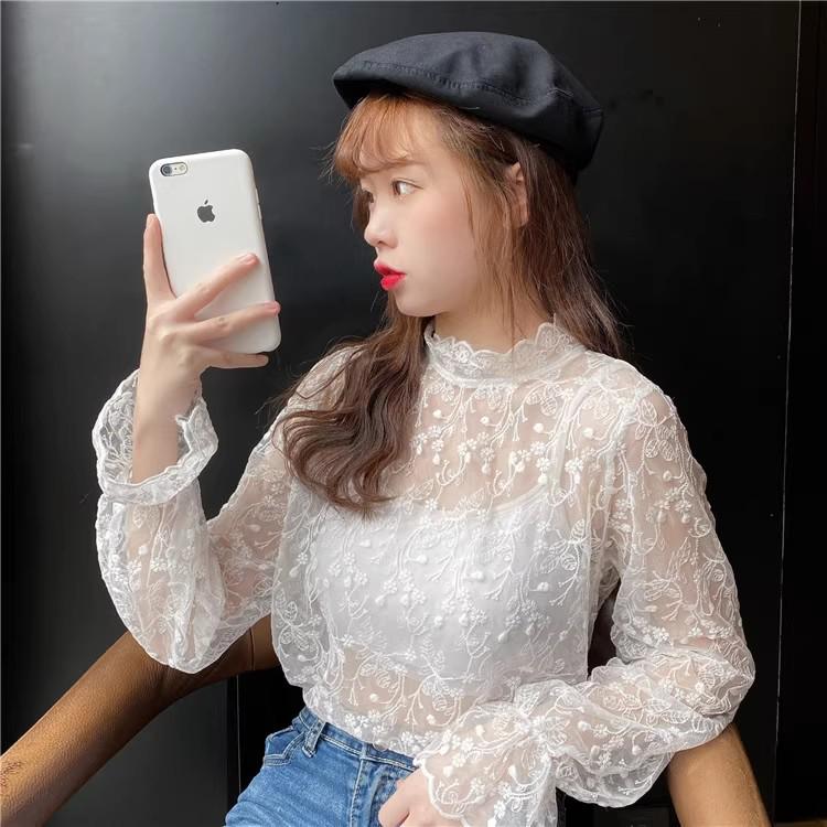 A/W 2026 Women's Stylish Mesh Lace Shirt with Bell Sleeves and Half-High Collar