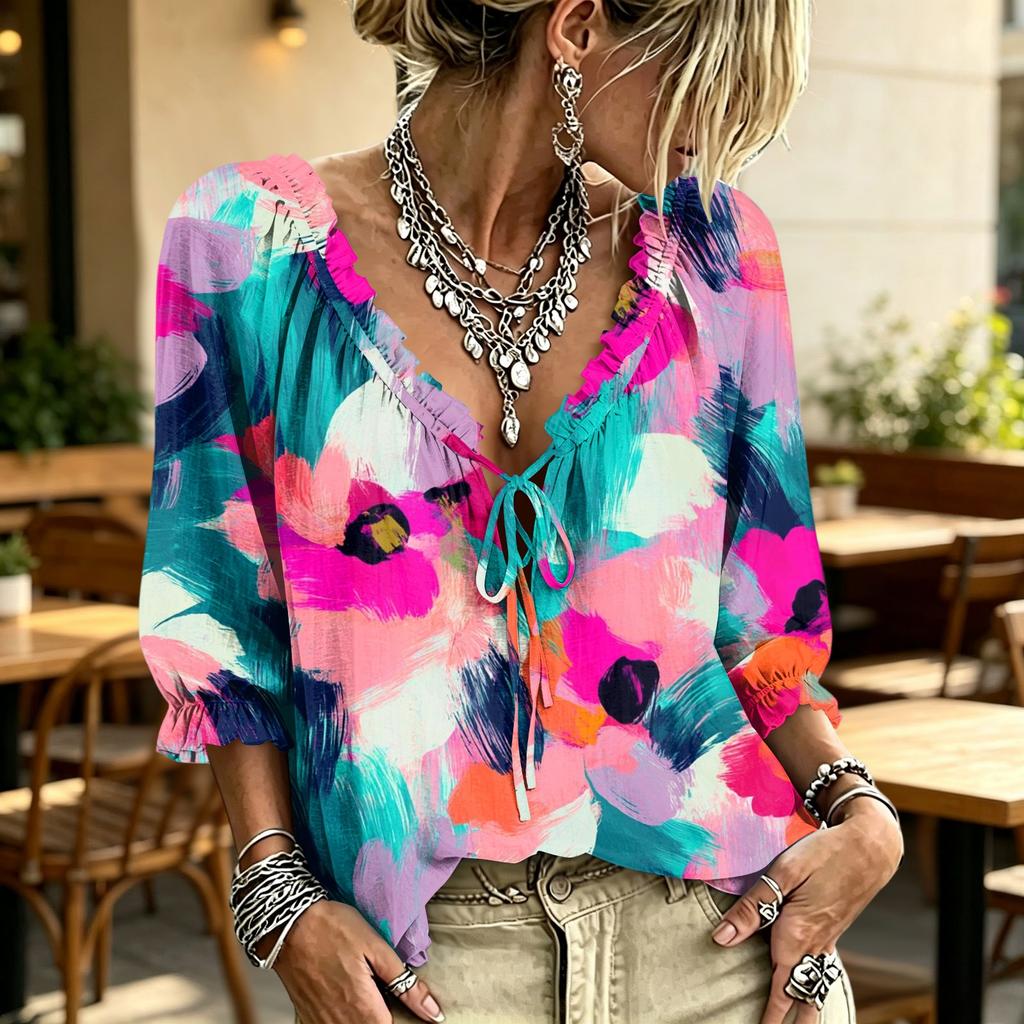Women's Casual Printed V-Neck Ruffle Tie Blouse