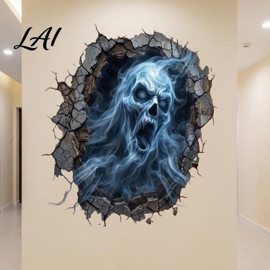 Halloween Wall Decals for Home Decoration 3D Decal Breakout Illusion Sticker with Skull Ghost Spooky Indoor Murals Holiday Atmosphere Room