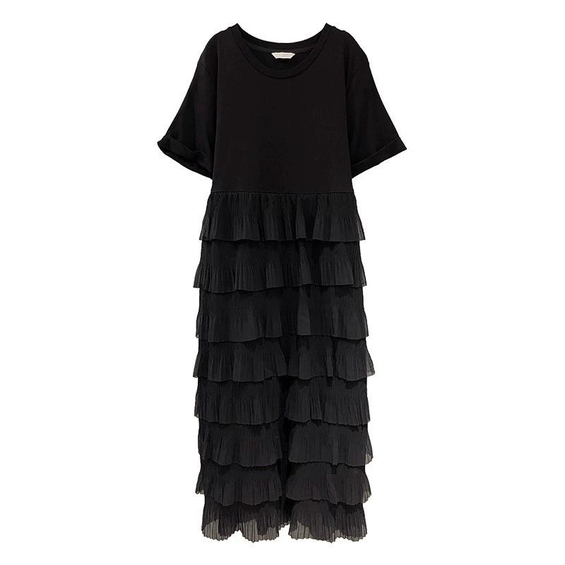 Summer Fat MM Women's Skirt Cake Loose Short Sleeve Chiffon Stylish Look Thin Black French Dress