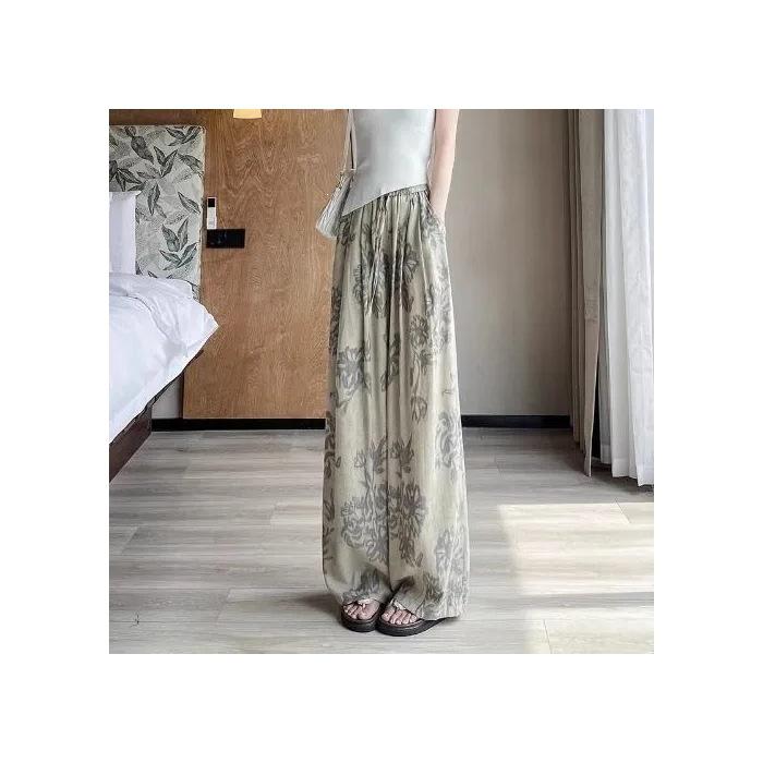 

Women s Retro French Print Wide-Leg Ice Silk Pants - Flaw-Covering, Slimming, Thin & Loose Casual Drape Style S хакі