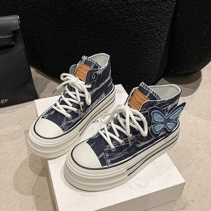 Women Fashion Buckle Strap Canvas Shoes High Top Broken Denim Ankle Short Boots Lace Up Girls Students Thick Sole Sneaker