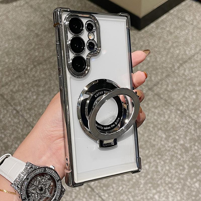 Luxury Plating Magnetic Wireless Charging Holder Stand Clear Case For Sunsamg S24 S23 S22 S21 Ultra Plus Shockproof Phone Case