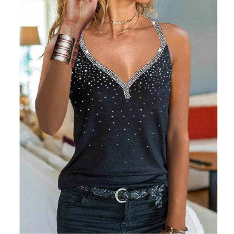 

New Summer Camisole Sleeveless Hot Diamond Knitted Bottoming Shirt Top for Women S чорний