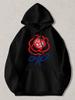 Black Pullover Hoodie with Red Rose And Blue Stem Graphic Casual Streetwear Sweatshirt with Kangaroo Pocket for Daily Wear