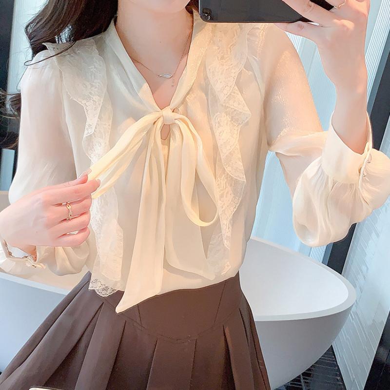 

Галстук-бабочка Кружевной дизайн Элегантная рубашка Женские топы Новая мода Тонкие кружевные Повседневные блузки с рюшами Женские простые офисные рубашки с длинным рукавом Женские 24452 2XL абрикосовый