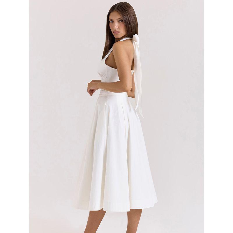 Mercury Crescent House Same Style French style White Deep V-neck Bow Strap Halterneck Skirt Waist Hugging Slimming Dress