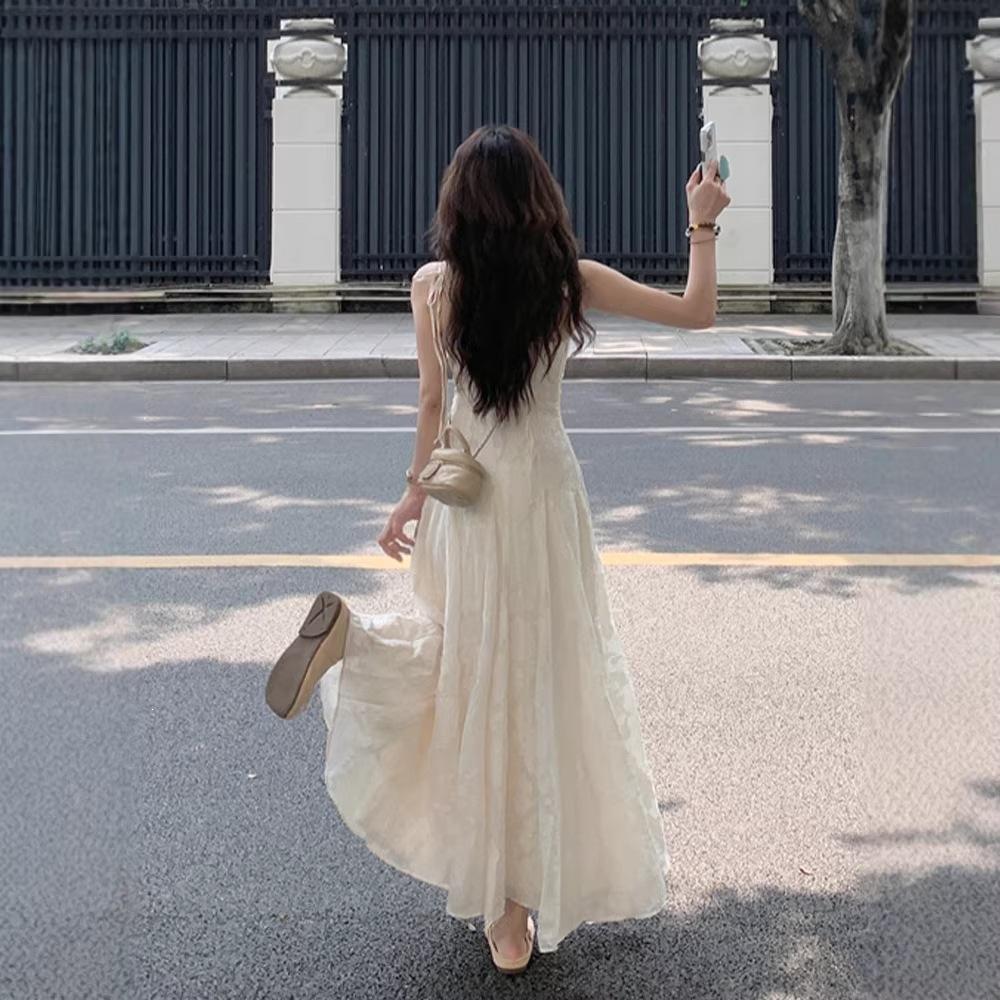 New Chinese Beige Suspender Dress Women's Summer New Small Seaside Vacation Ruffle Leaf Edge Dress