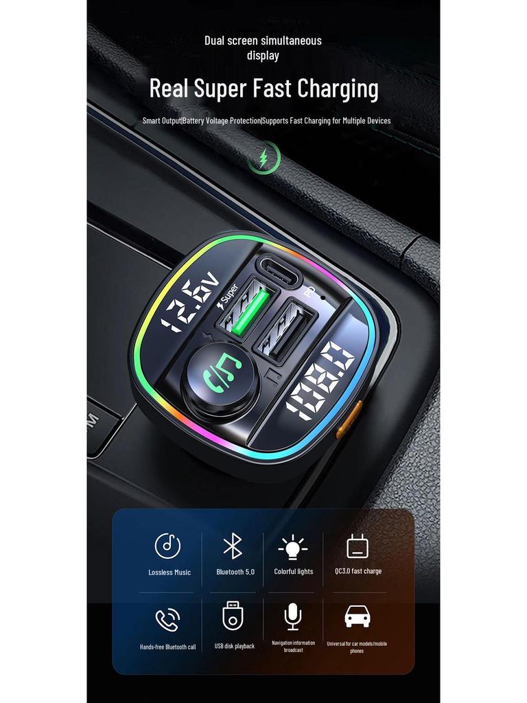 Bluetooth Car MP3 Player with Dual Display, Voltage Detection, and Super PD Fast Charging Cigarette Lighter Adapter