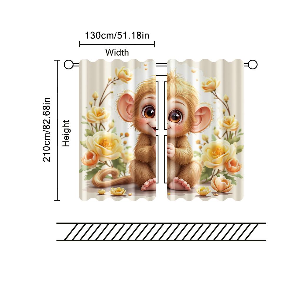 2 Pcs   Filtering Curtains (excluding Rods   Non-movable   Without Batteries) Cute Monkey for Use In Bedrooms and Living Rooms