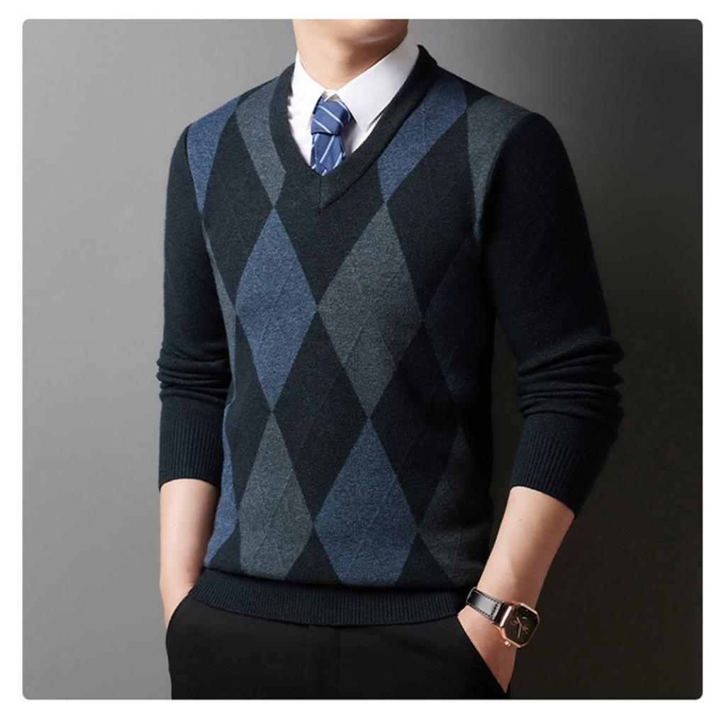 Podzimní a zimní svetr s výstřihem do V Pánský pulovr Základní svetr Žakárový s diamantovým vzorem Límec ve tvaru kuřecího srdce Pletený svetr