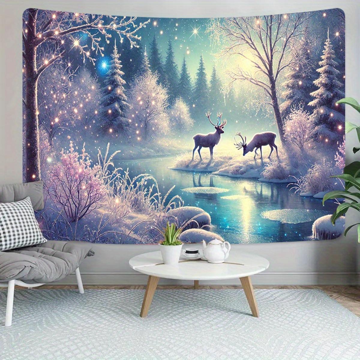 Заколдованный Зимний Лес Гобелен 2D Принт Звездная Оленья Сцена Настенный Магический Снежный Пейзаж Домашний Декор Гостиная 40x60cm
