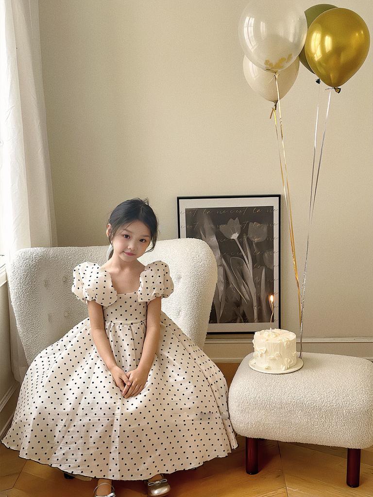 Vestito da Festa a Pois per Bambina Estate Maniche a Bolla Abito da Principessa Eleganza Discreta Stile Coreano Giapponese 2-7 Anni