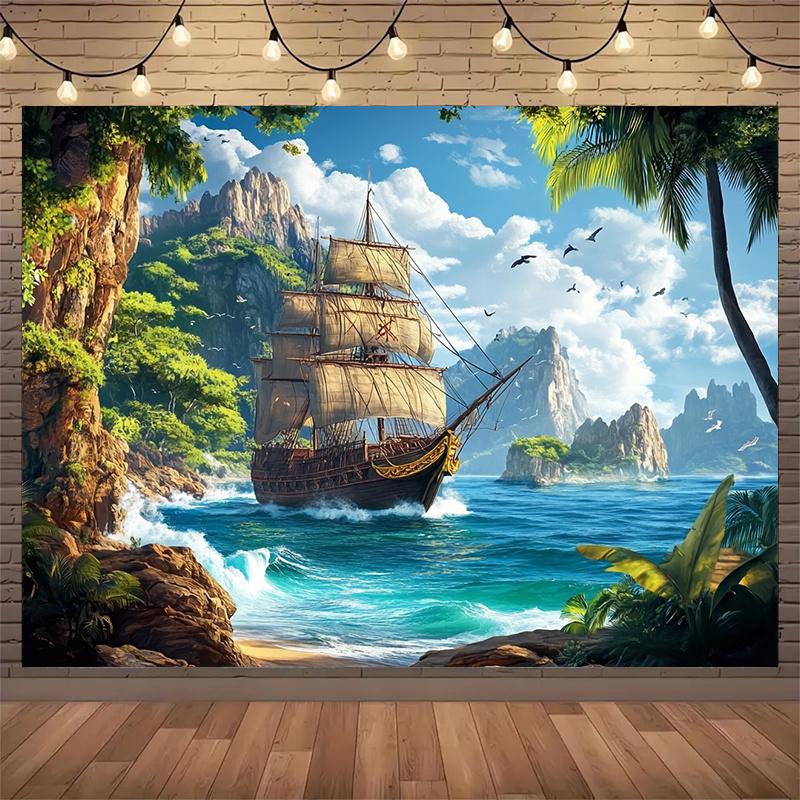 1 Piece of Polyester Pirate Ship Background Fabric, a Marine-themed Photography Backdrop, Indoor/outdoor Party Banner