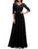 Women's V Neck Three Quarter Sleeve Lace Top Flared Chiffon Maxi Dress Beige