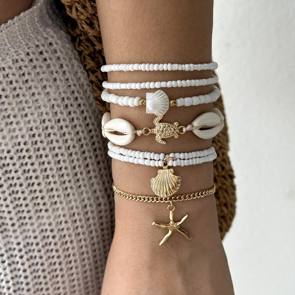 Classic Metal Starfish Shell Multilayer Bracelets Set for Women Handmade Rice Beaded Stackable Bracelets Vacation Jewelry Gift