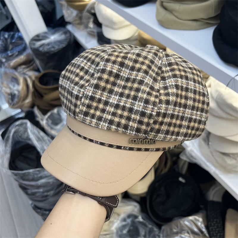 

Fashion woolen plaid leather brim octagonal hat women s autumn and winter British retro warm newsboy hat new cap M（56-58cm） темно-коричневого кольору