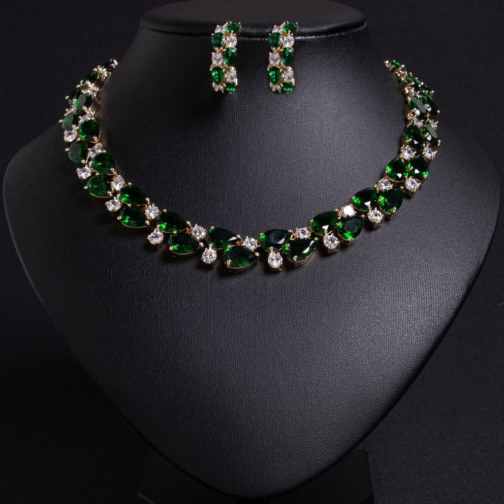 European and American Luxury Zircon Water Drop Bridal Accessories Jewelry Set Necklace Earrings Women's Two-piece Set