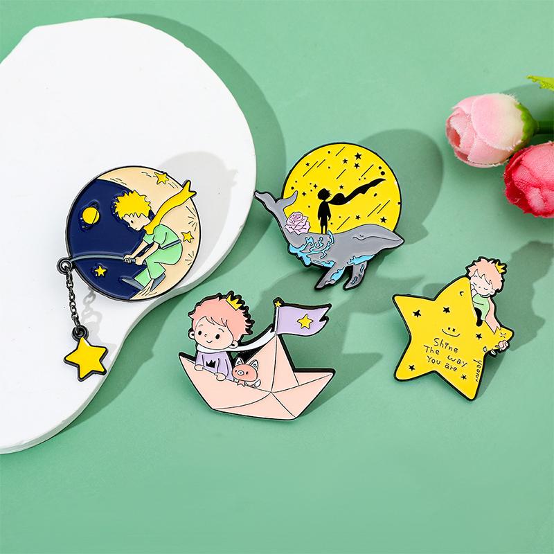 Cute Cartoon Little Prince Moon Star Fairy Tale Enamel Brooch Pin Art Badge Jewelry Decorate Accessories