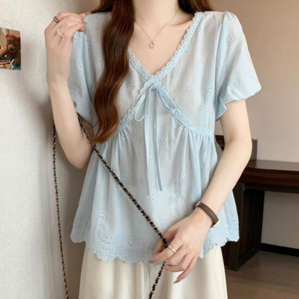 NaVaVa V Neck Short sleeVe Blouse With Embroidery Punching Lace Nb3157