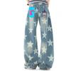 American retro star-printed denim trendy pants spring and autumn new design loose straight loose wide-leg pants