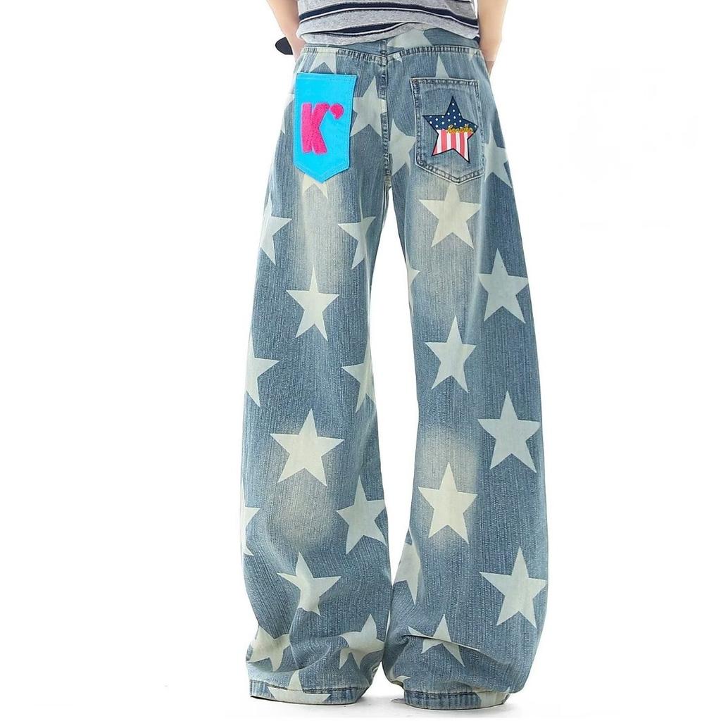 American retro star-printed denim trendy pants spring and autumn new design loose straight loose wide-leg pants