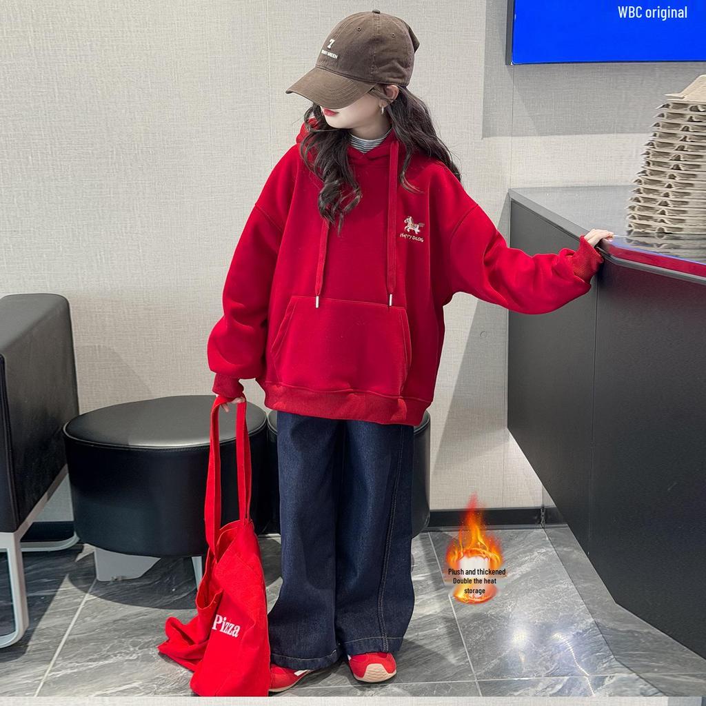 Girls' Plus Velvet Hooded Embroidered Sweatshirt, Red New Year 2026 Horse Zodiac Outfit for Big Kids