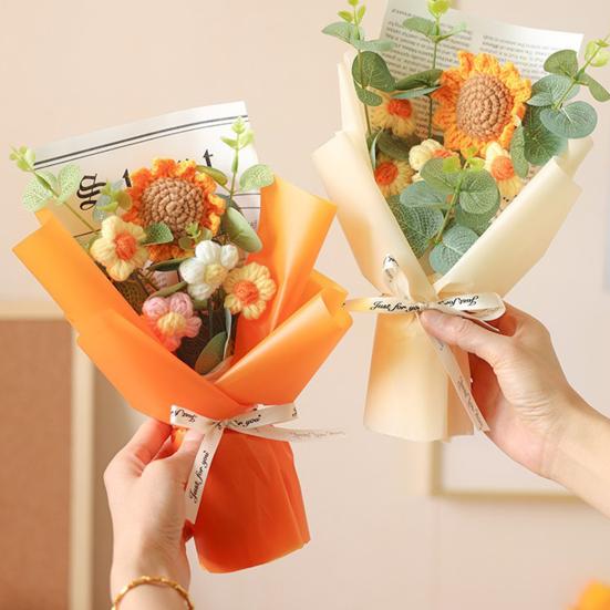 Crochet Flower Bouquet Handmade Knitted Positive Sunflower Artificial Yarn Flower Bouquet Gift for Mother's Day Valentine's Day Anniversary