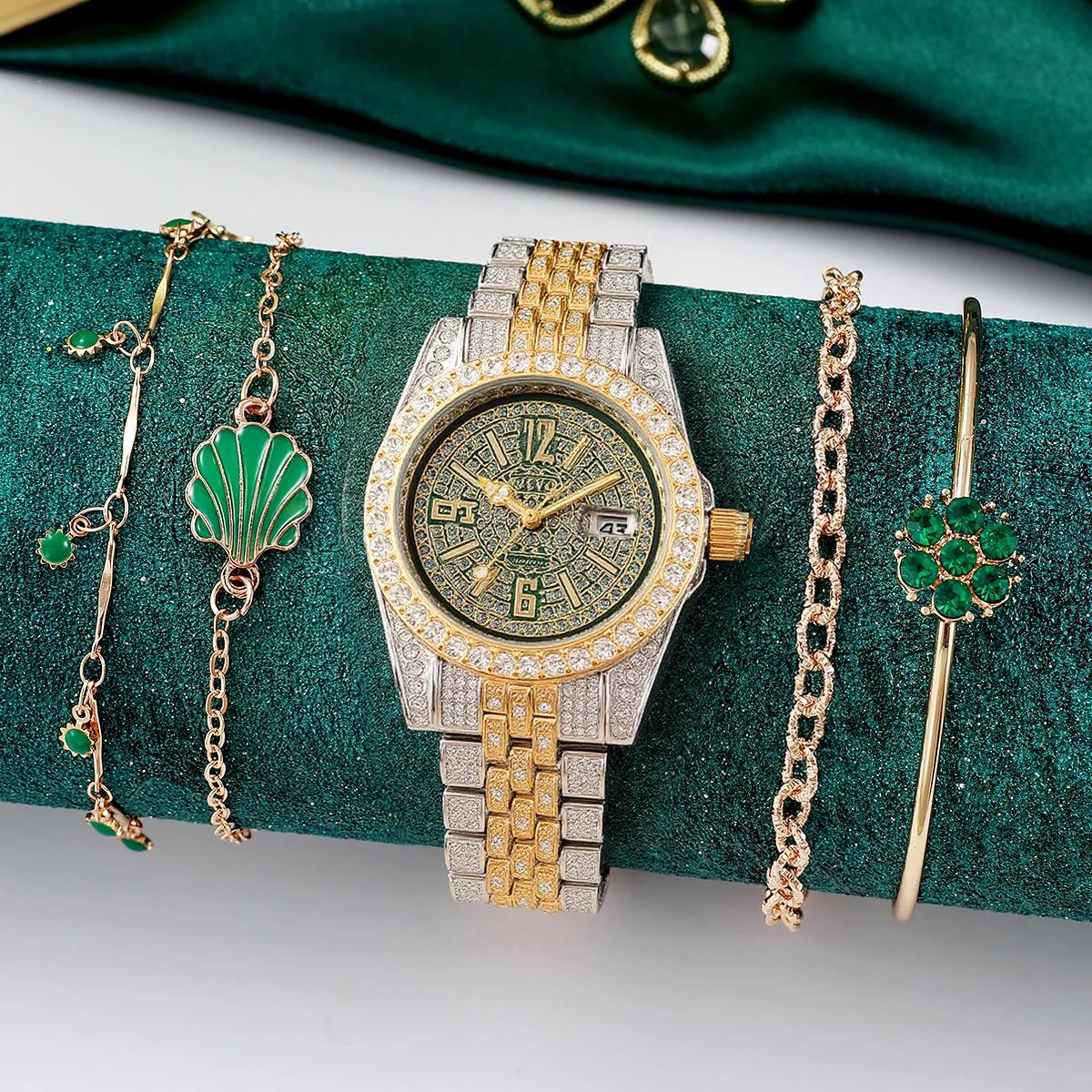 

Fashionable and Luxury Fashion Full Diamond Round Dial Alloy Material Women s Quartz Watch Bracelet Set of 5, Suitable for Chris зелёный