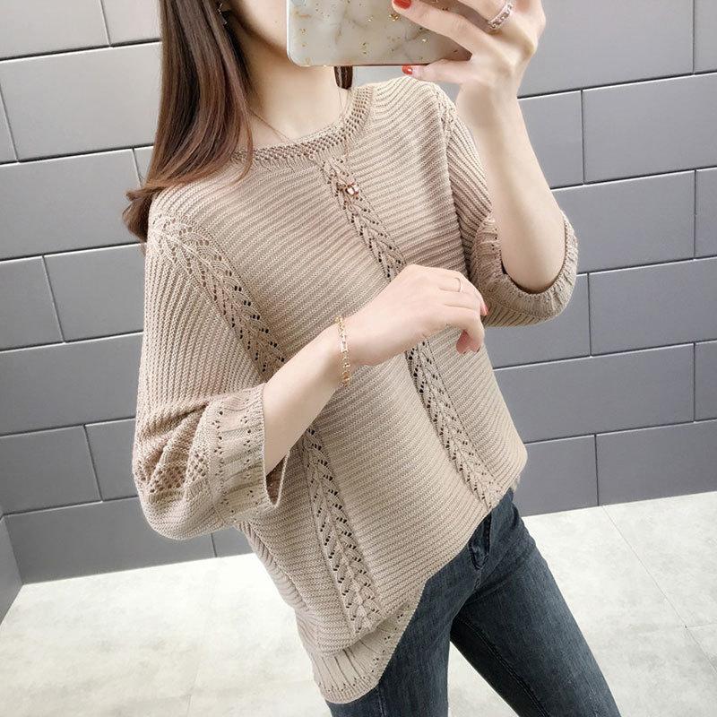 

Summer simple hollow knitted sweater women s pullover loose temperament elegant seven-quarter sleeve crew neck top women average size 55-83 хакі