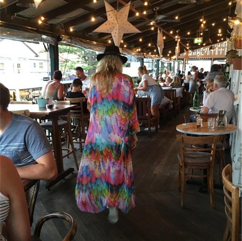 Chiffon Feather Print Beach Cover-up Cardigan