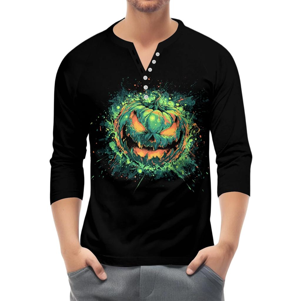 Men's Button-Down Contrast Raglan 3/4 Sleeve Top