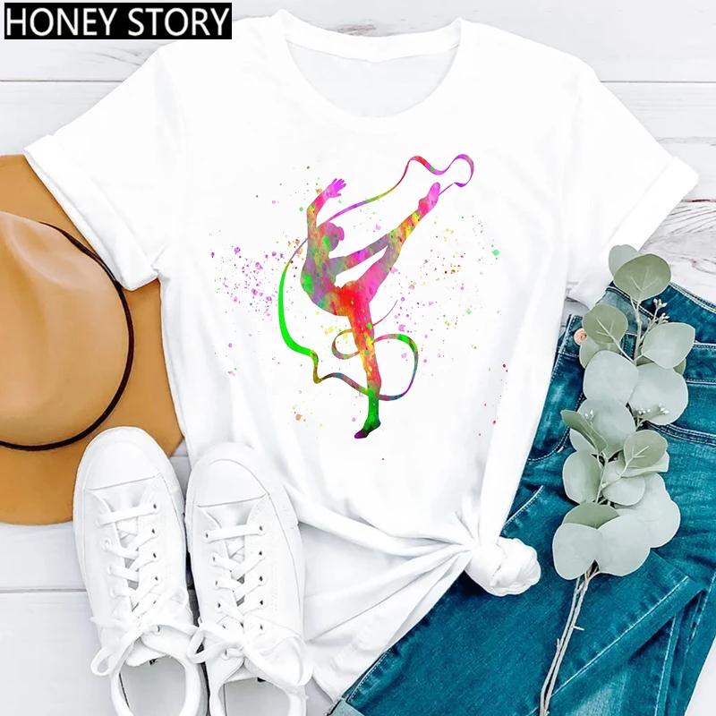Gymnastik Ballerina Tänzerin T-Shirt Aquarell Gymnastik Ballett Tänzerin Druck T-Shirt Frauen Grafik T-Shirts Ästhetische Kleidung